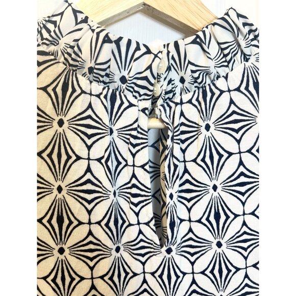 Loft Navy And White Geometric Design Short Sleeve Blouse XL Key Hole Mock Neck - Picture 6 of 8